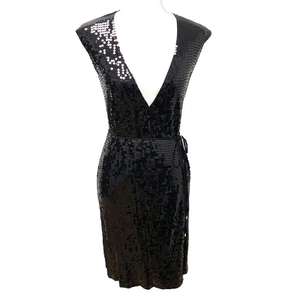Michael Kors Sequin Wrap Dress Womens XXS Black LBD Party Edgy Sleek